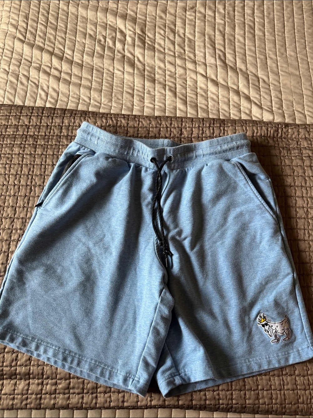 GOAT USA Light Blue Athletic Drawstring Men's Shorts with Embroidered Dog Accent